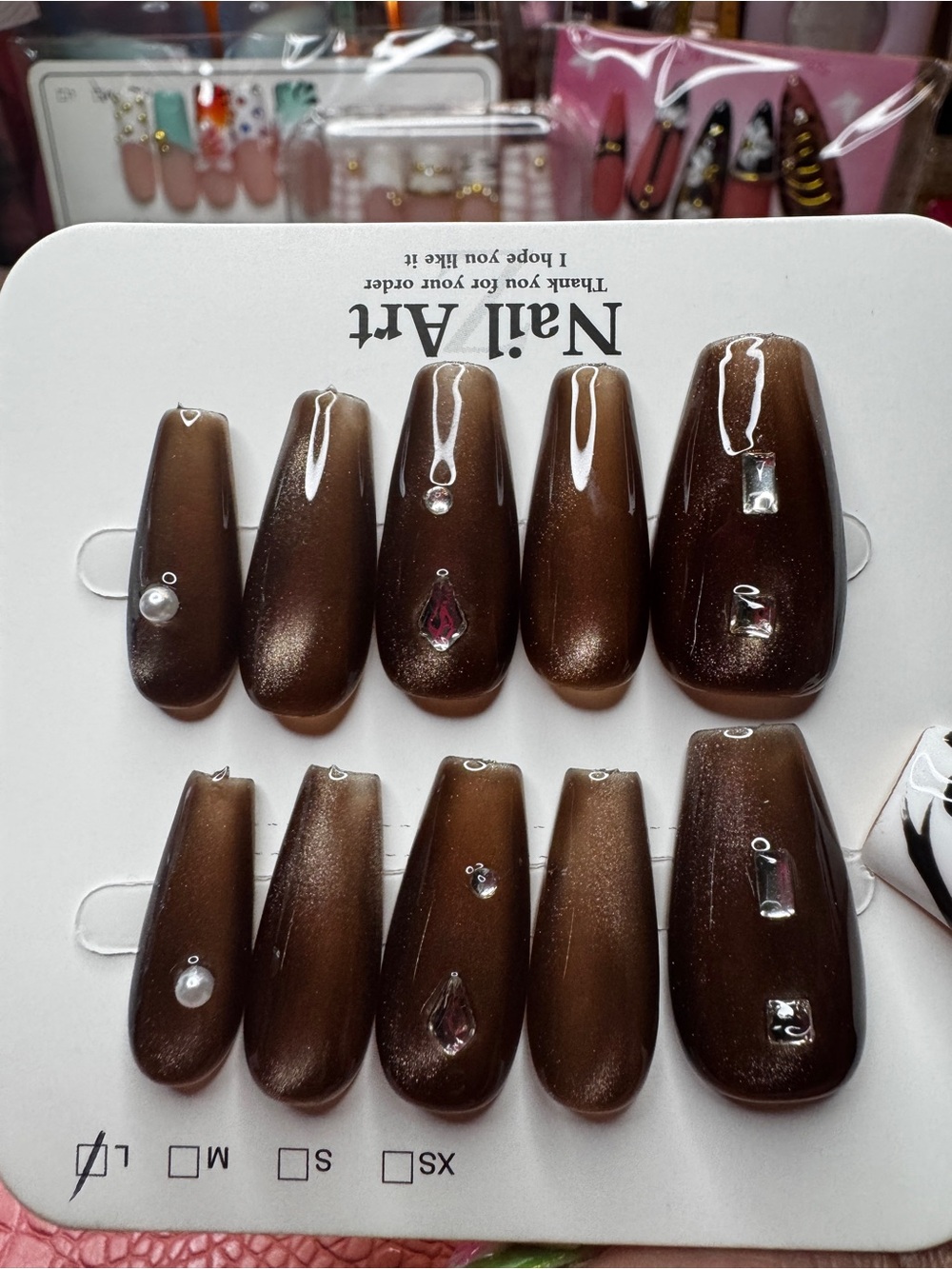 Handcrafted Brown Faux-Nail Set with Gem Accents